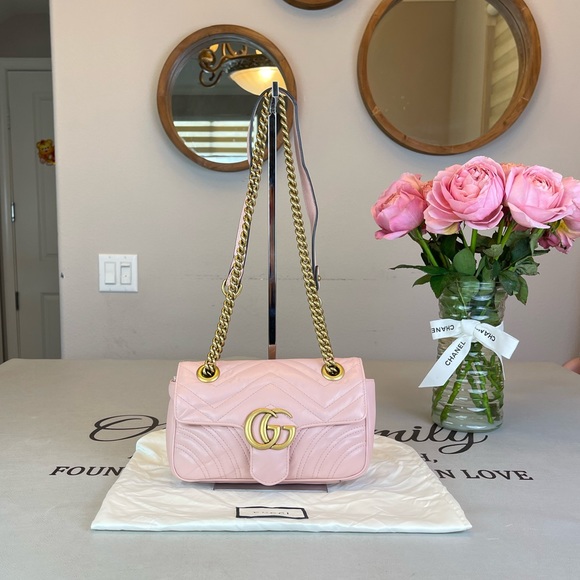 Gucci Handbags - Gucci GG Logo Pink Leather Mini Marmont Shoulder Bag Crossbody
